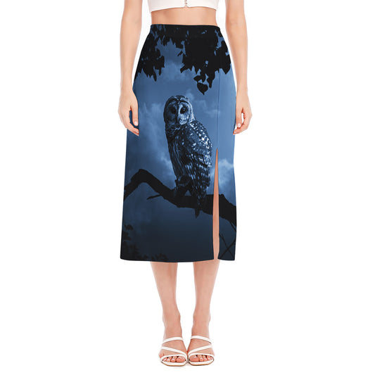 Full Moon Night Owl Print Side Slit Midi Skirt