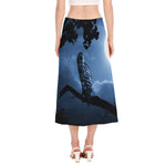 Full Moon Night Owl Print Side Slit Midi Skirt