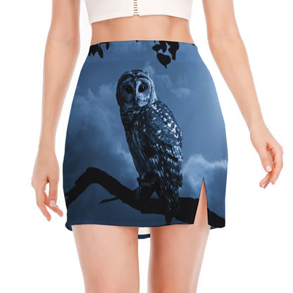 Full Moon Night Owl Print Side Slit Mini Skirt