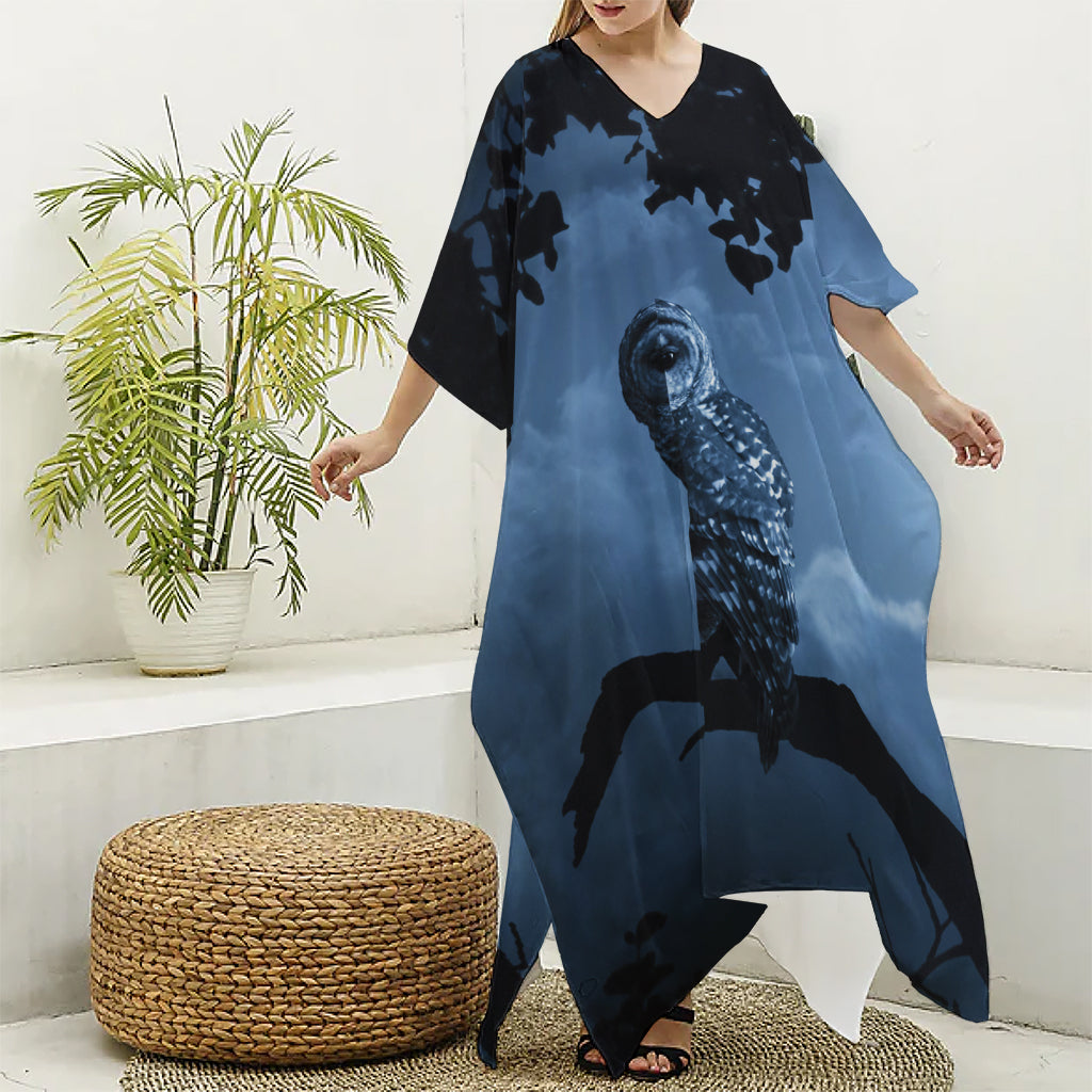 Full Moon Night Owl Print Silk V-Neck Kaftan Dress