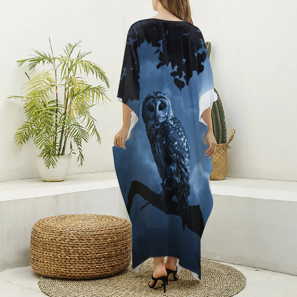 Full Moon Night Owl Print Silk V-Neck Kaftan Dress