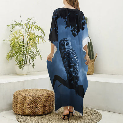 Full Moon Night Owl Print Silk V-Neck Kaftan Dress