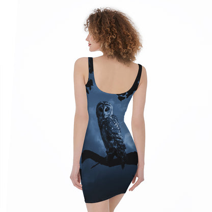 Full Moon Night Owl Print Sleeveless Bodycon Dress