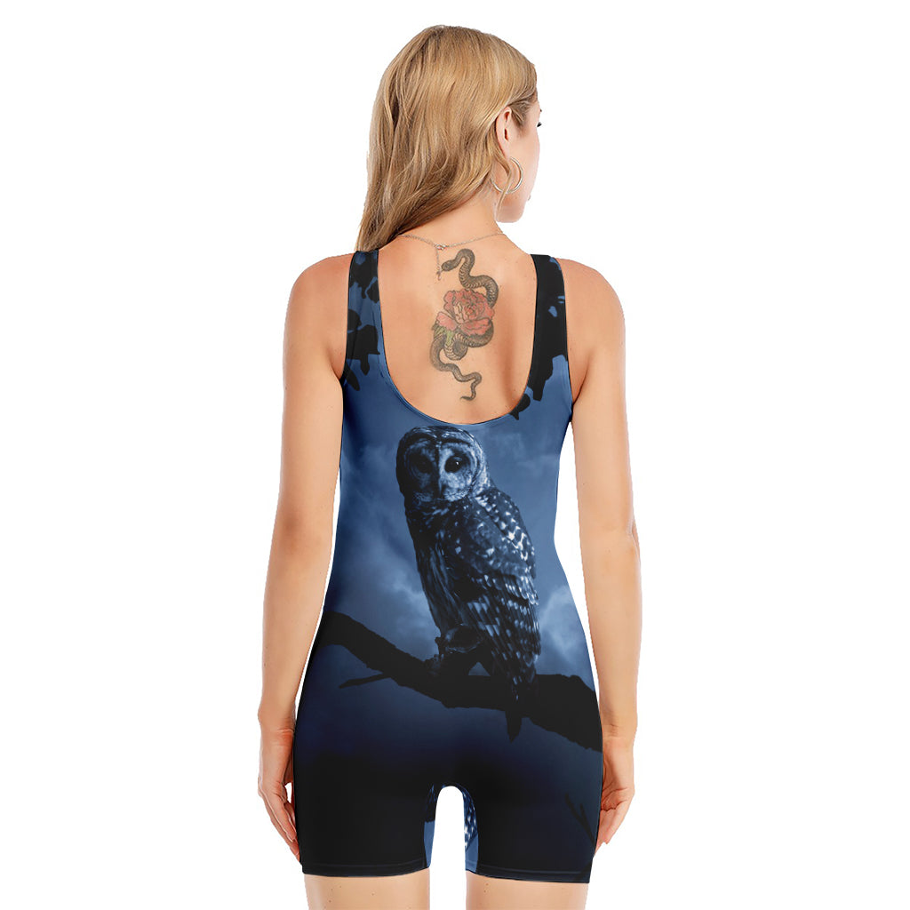 Full Moon Night Owl Print Sleeveless One Piece Swimsuit