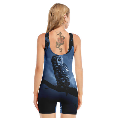 Full Moon Night Owl Print Sleeveless One Piece Swimsuit