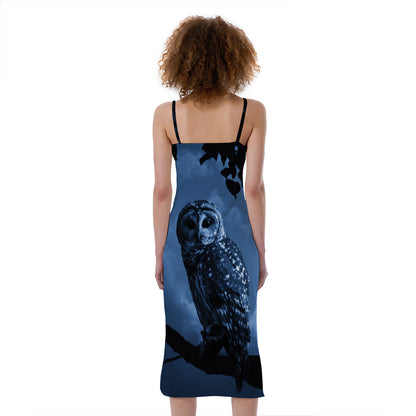 Full Moon Night Owl Print Slim Fit Midi Cami Dress