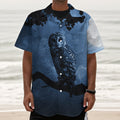 Full Moon Night Owl Print Textured Short Sleeve Shirt