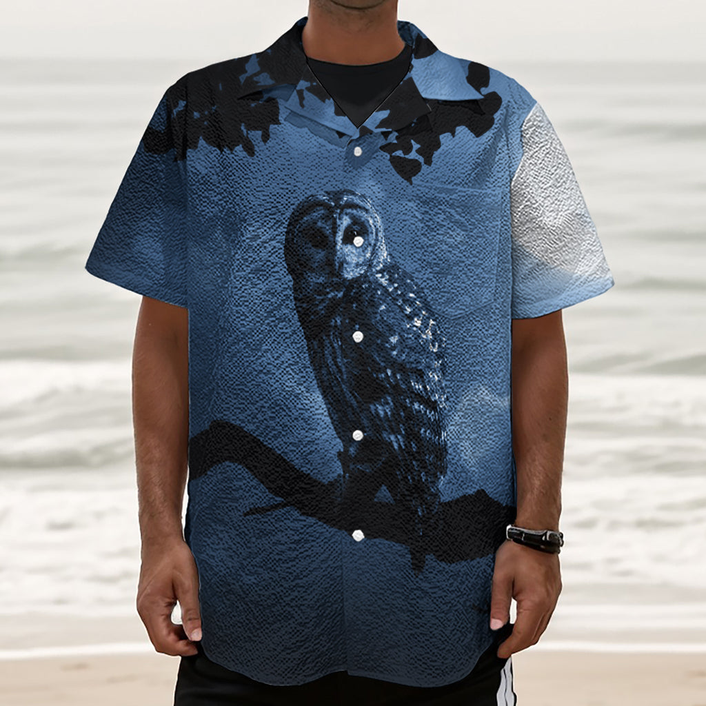 Full Moon Night Owl Print Textured Short Sleeve Shirt