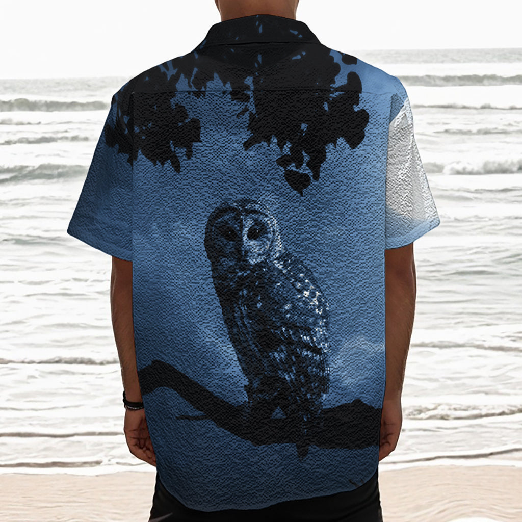 Full Moon Night Owl Print Textured Short Sleeve Shirt