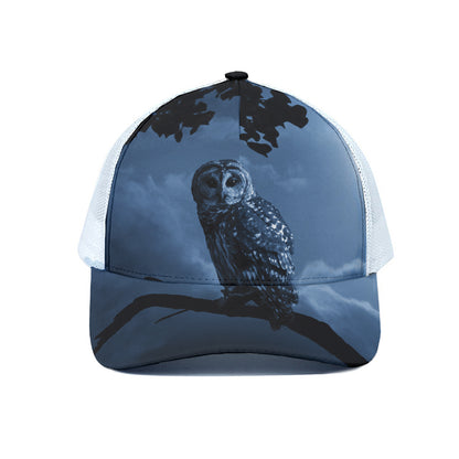 Full Moon Night Owl Print White Mesh Trucker Cap