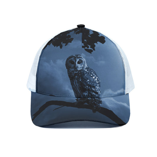 Full Moon Night Owl Print White Mesh Trucker Cap