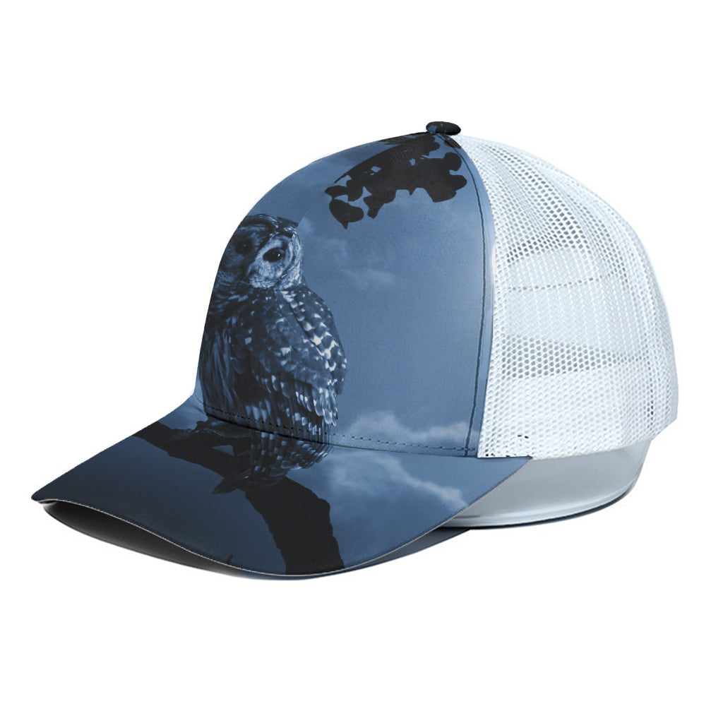 Full Moon Night Owl Print White Mesh Trucker Cap