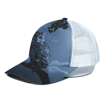 Full Moon Night Owl Print White Mesh Trucker Cap