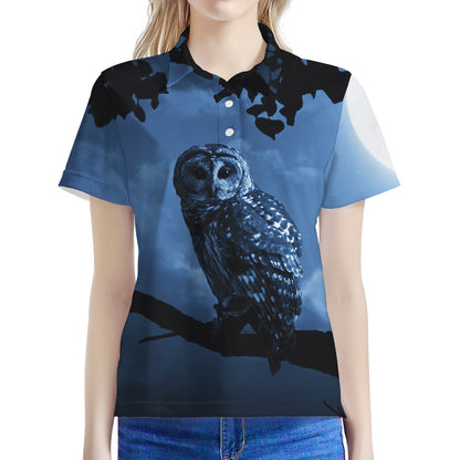 Full Moon Night Owl Print Women's Polo Shirt
