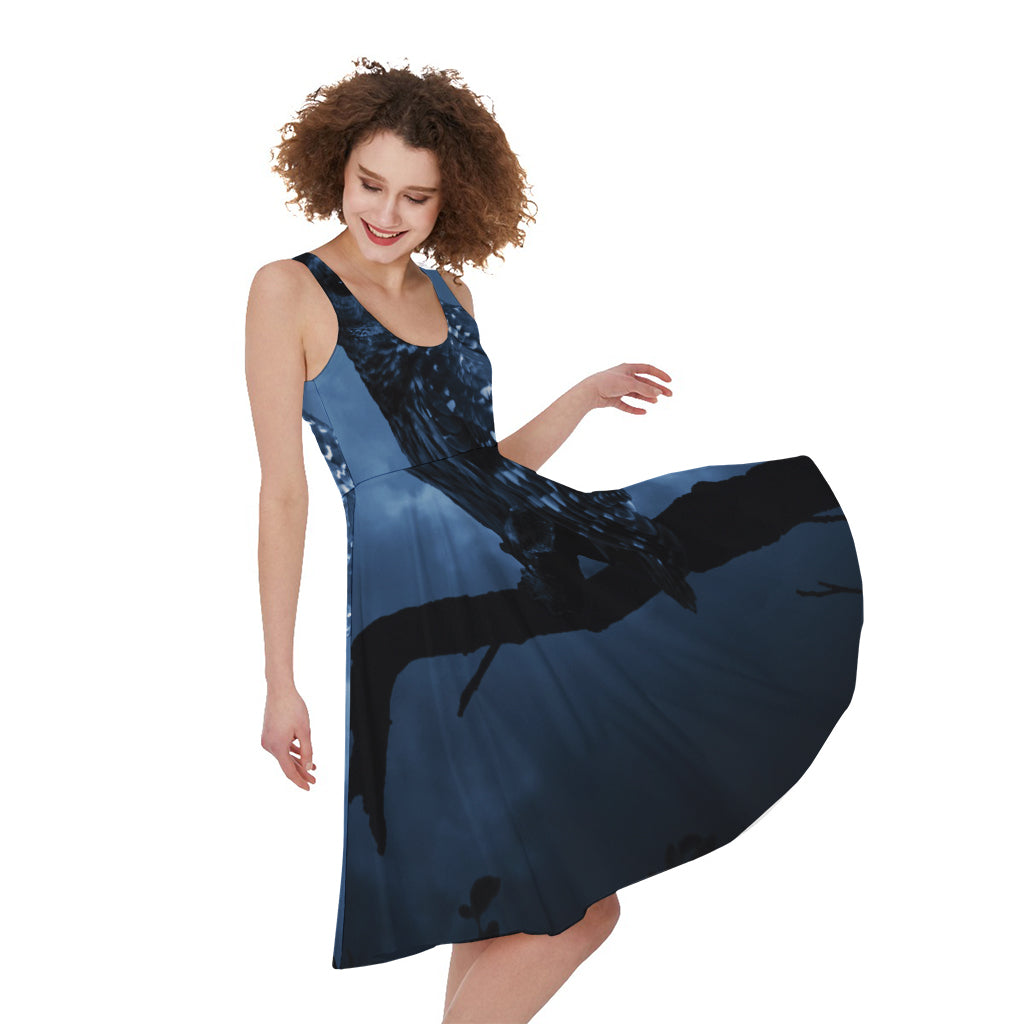 Full Moon Night Owl Print Women's Sleeveless Dress