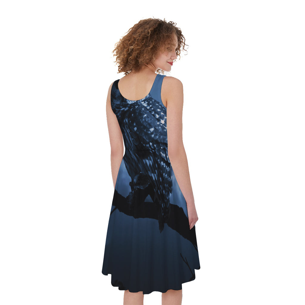 Full Moon Night Owl Print Women's Sleeveless Dress