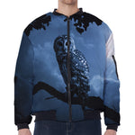 Full Moon Night Owl Print Zip Sleeve Bomber Jacket