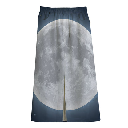 Full Moon Print Cotton Front Slit Maxi Skirt