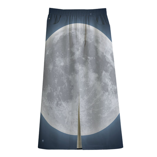 Full Moon Print Cotton Front Slit Maxi Skirt