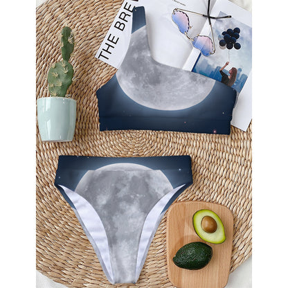 Full Moon Print One Shoulder Bikini Top