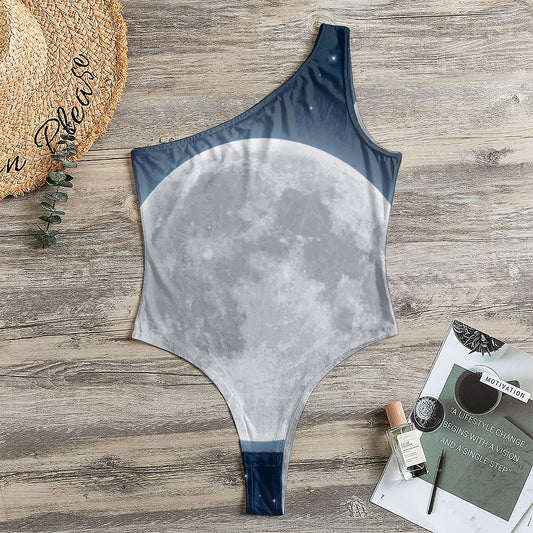 Full Moon Print One Shoulder Bodysuit