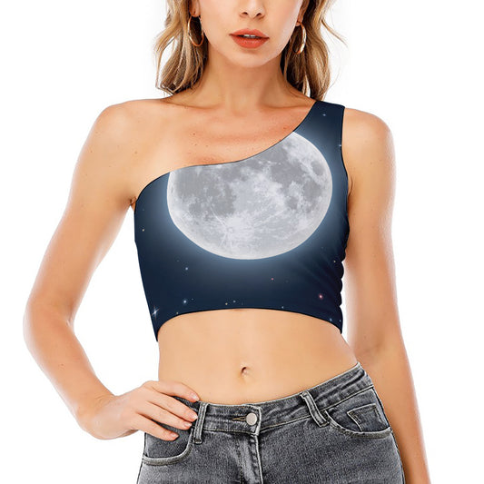 Full Moon Print One Shoulder Crop Top