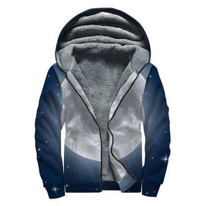 Full Moon Print Sherpa Lined Zip Up Hoodie