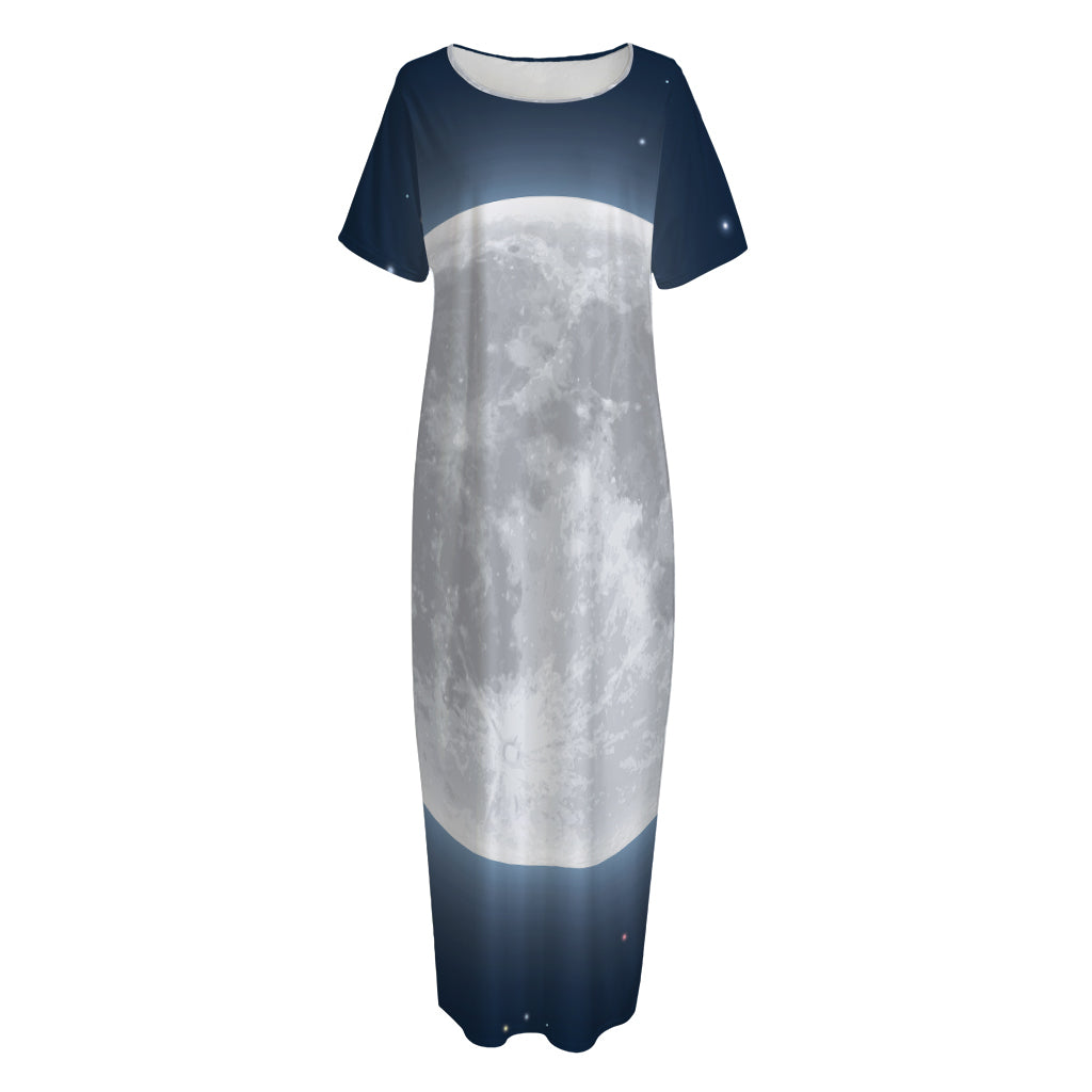 Full Moon Print Short Sleeve Long Nightdress