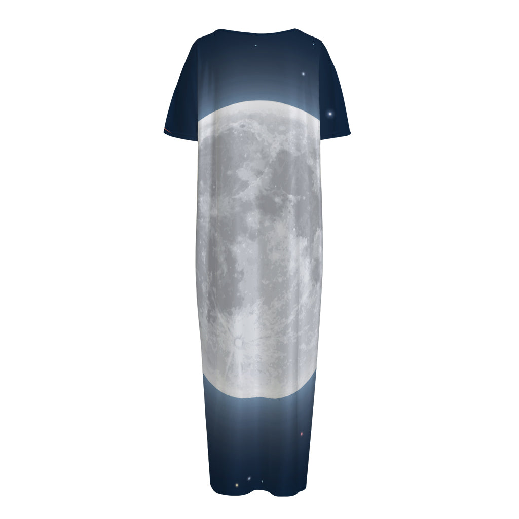 Full Moon Print Short Sleeve Long Nightdress