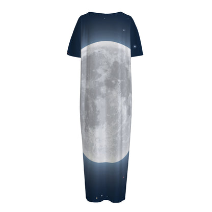 Full Moon Print Short Sleeve Long Nightdress