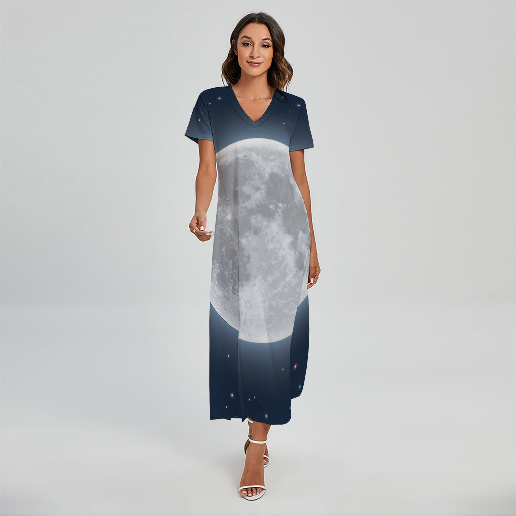 Full Moon Print Short Sleeve Maxi Dress