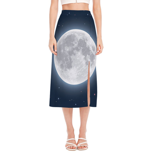 Full Moon Print Side Slit Midi Skirt