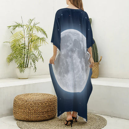 Full Moon Print Silk V-Neck Kaftan Dress