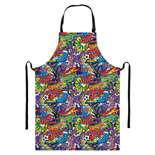 Funky Graffiti Pattern Print Bib Apron With Pocket