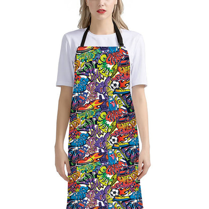Funky Graffiti Pattern Print Bib Apron With Pocket