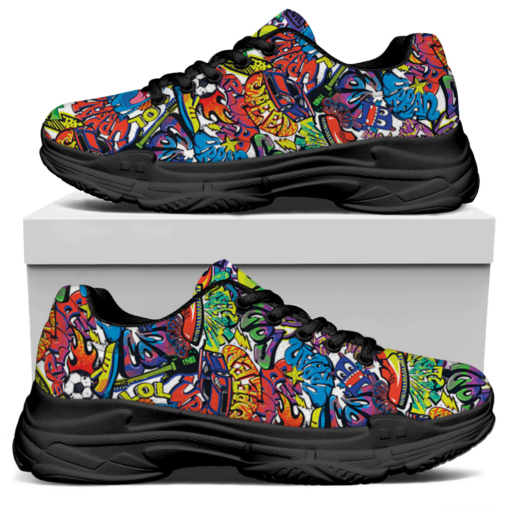 Funky Graffiti Pattern Print Black Chunky Shoes