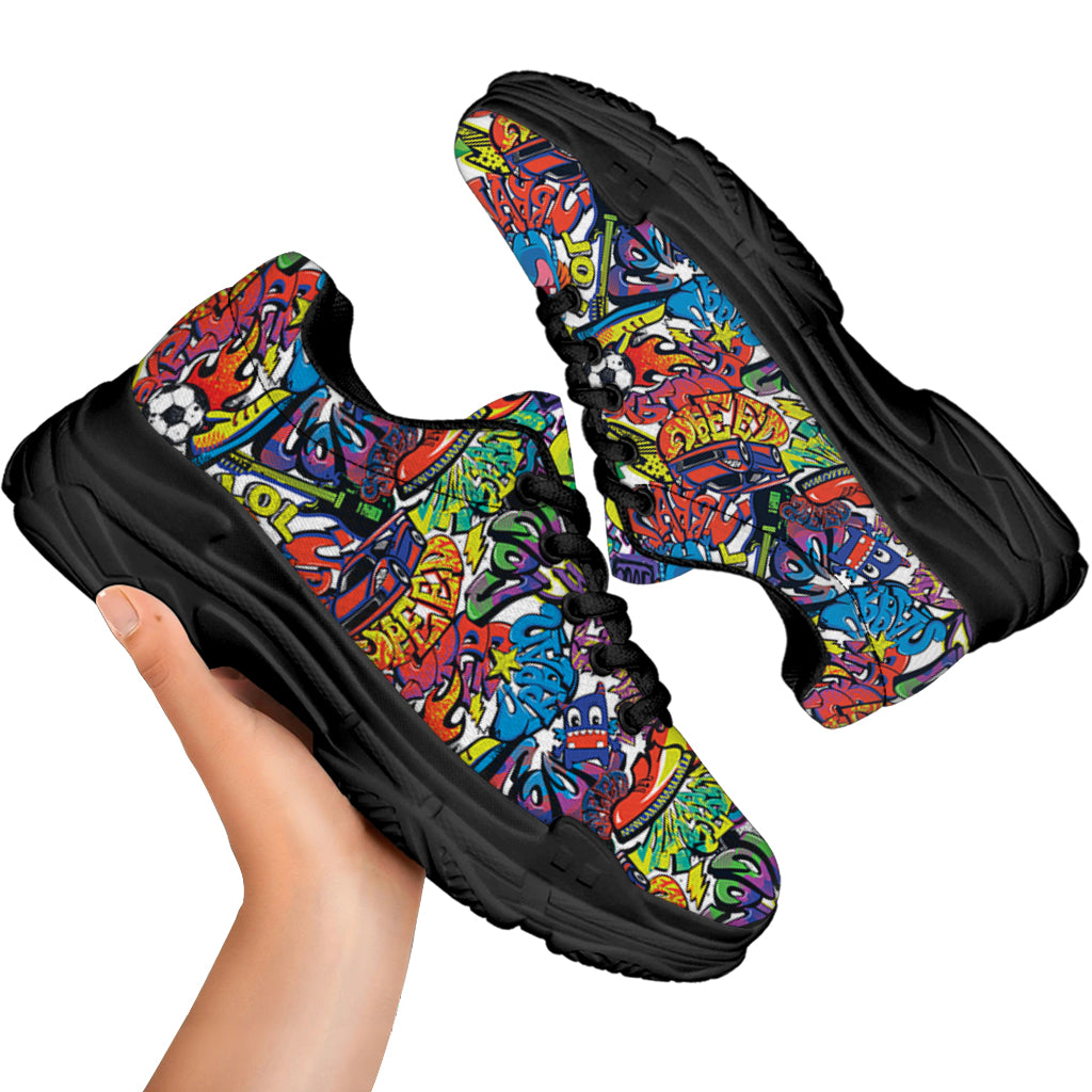 Funky Graffiti Pattern Print Black Chunky Shoes
