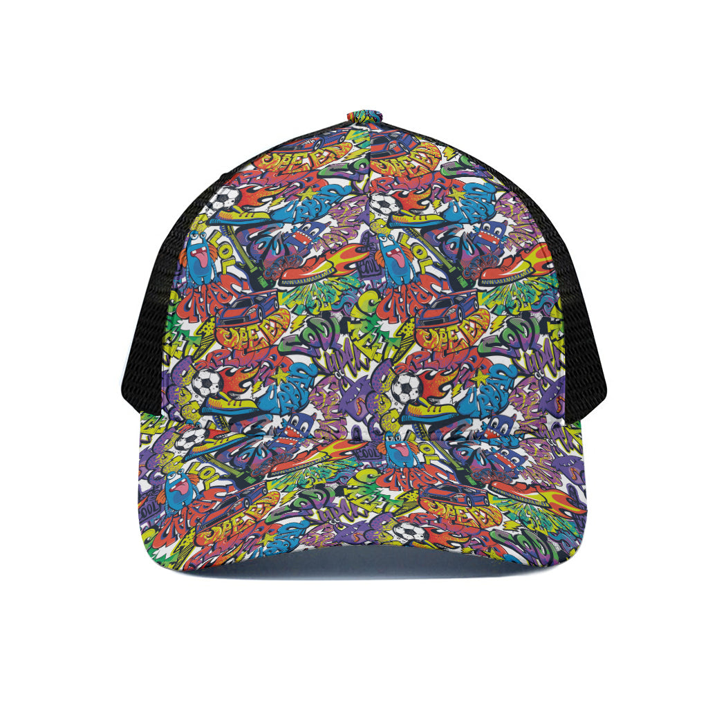 Funky Graffiti Pattern Print Black Mesh Trucker Cap