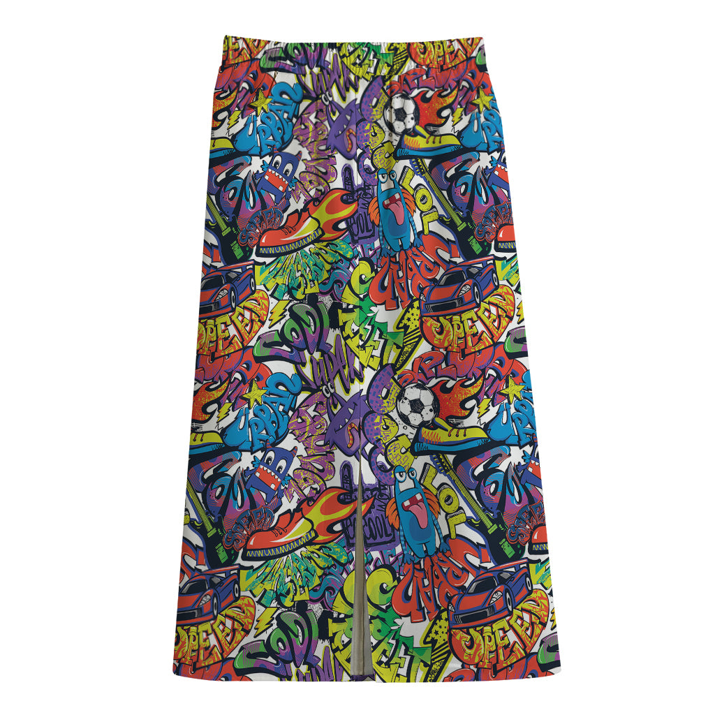 Funky Graffiti Pattern Print Cotton Front Slit Maxi Skirt