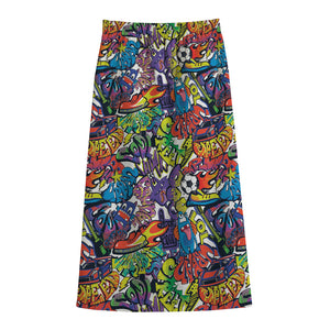 Funky Graffiti Pattern Print Cotton Front Slit Maxi Skirt