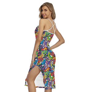 Funky Graffiti Pattern Print Cross Back Cami Dress