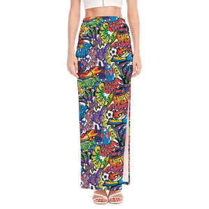 Funky Graffiti Pattern Print High Slit Maxi Skirt