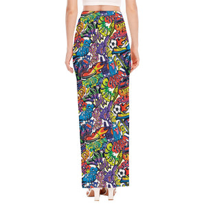 Funky Graffiti Pattern Print High Slit Maxi Skirt