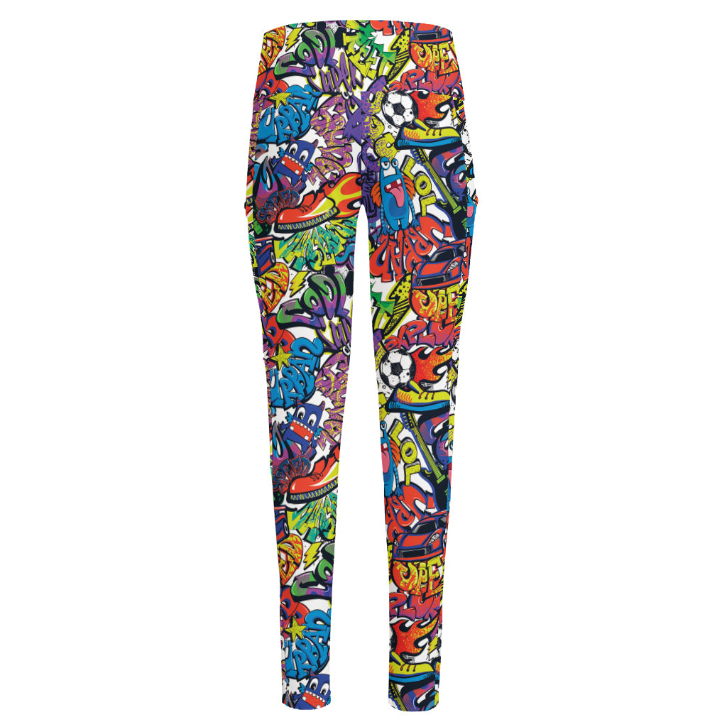 Funky Graffiti Pattern Print High-Waisted Pocket Leggings