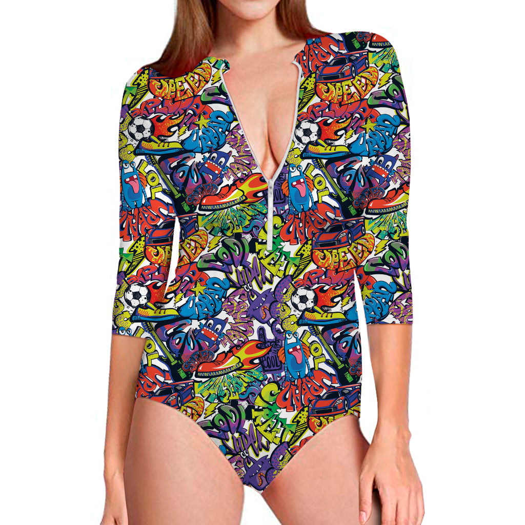 Funky Graffiti Pattern Print Long Sleeve Swimsuit