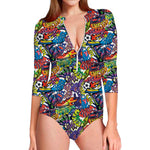 Funky Graffiti Pattern Print Long Sleeve Swimsuit