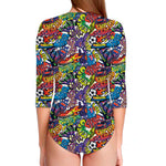 Funky Graffiti Pattern Print Long Sleeve Swimsuit