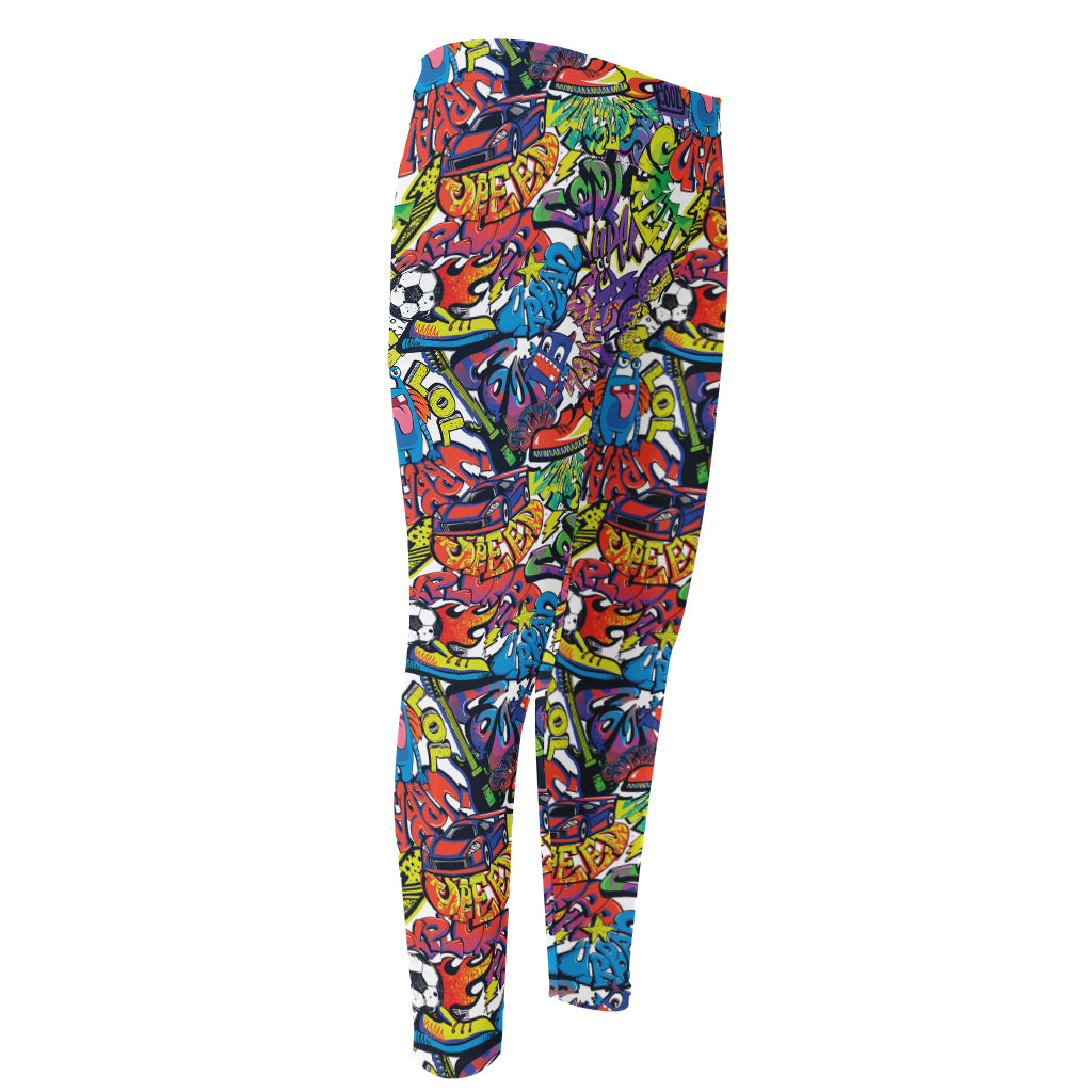 Funky Graffiti Pattern Print Men's Compression Pants