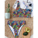 Funky Graffiti Pattern Print One Shoulder Bikini Top