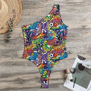 Funky Graffiti Pattern Print One Shoulder Bodysuit